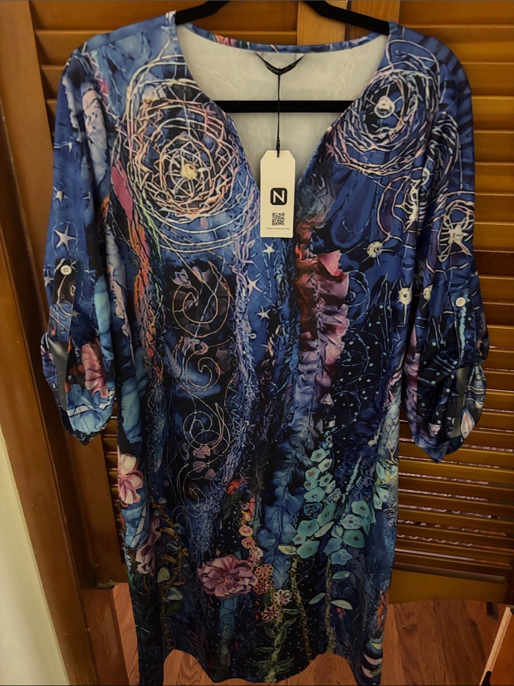 Navy Blue Floral-Print V-Neck Tunic Dress